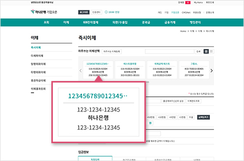 하나은행 기업뱅킹 즉시이체 화면